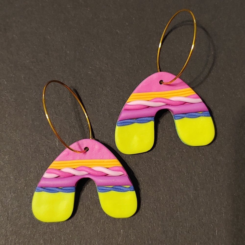 Handmade Polymer Clay Neon Modern Contemporary Arch Dangles on hoops